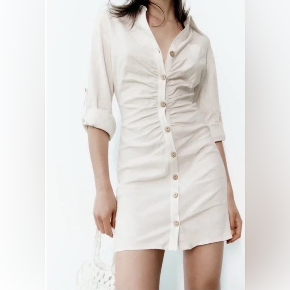 Zara Shirt Dress Linen Blend Button Down Cream Ivory Size XL ~ NWT